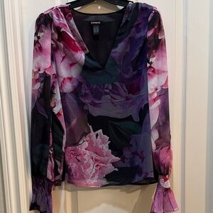 Express V-Neck Floral Blouse - Pink and Purple Large